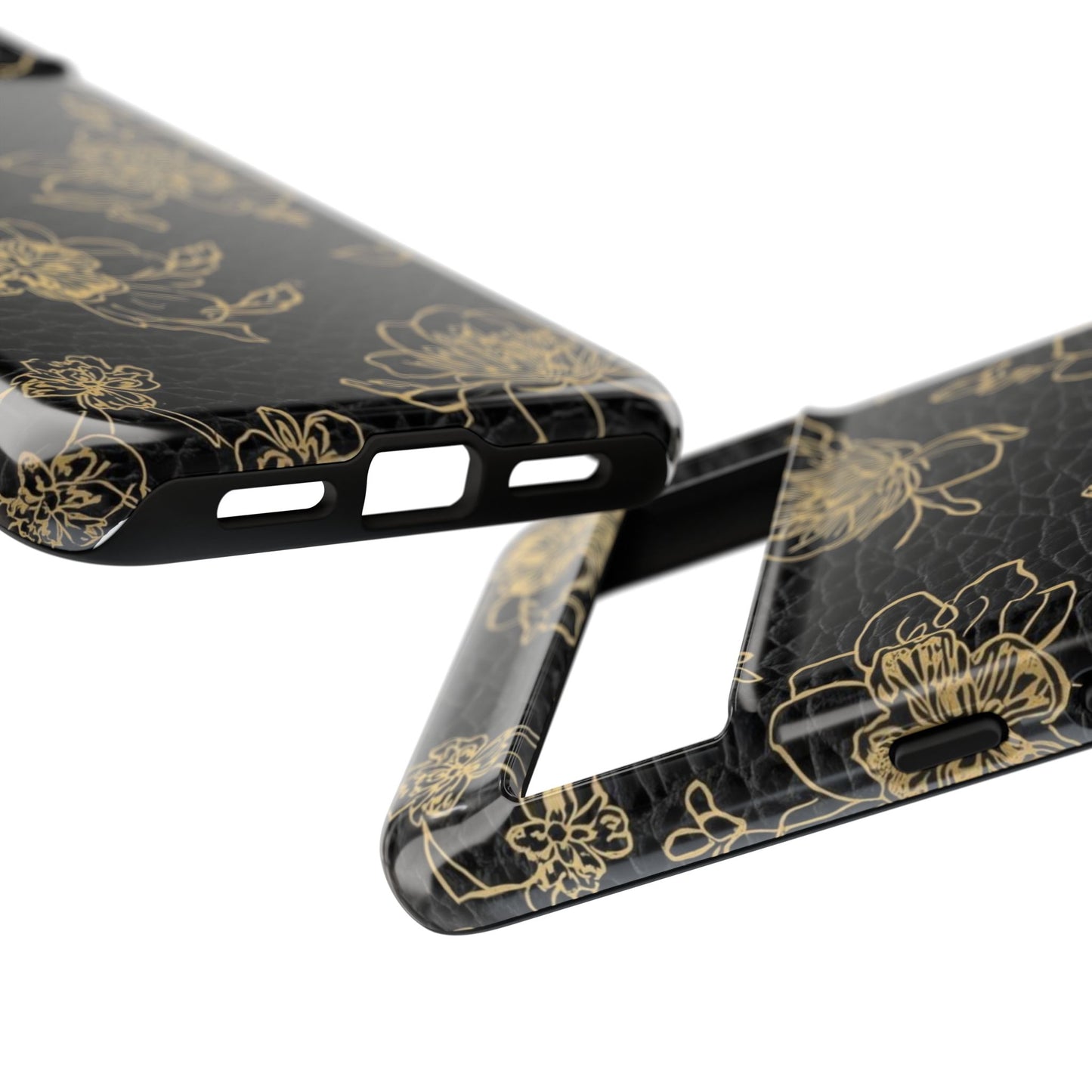 Floral Leather Phone Case — Gold Outline Flowers on Black Tough Case