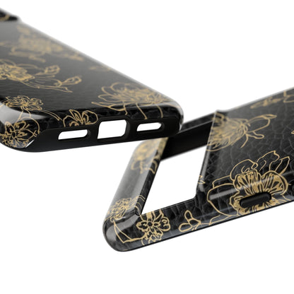 Floral Leather Phone Case — Gold Outline Flowers on Black Tough Case