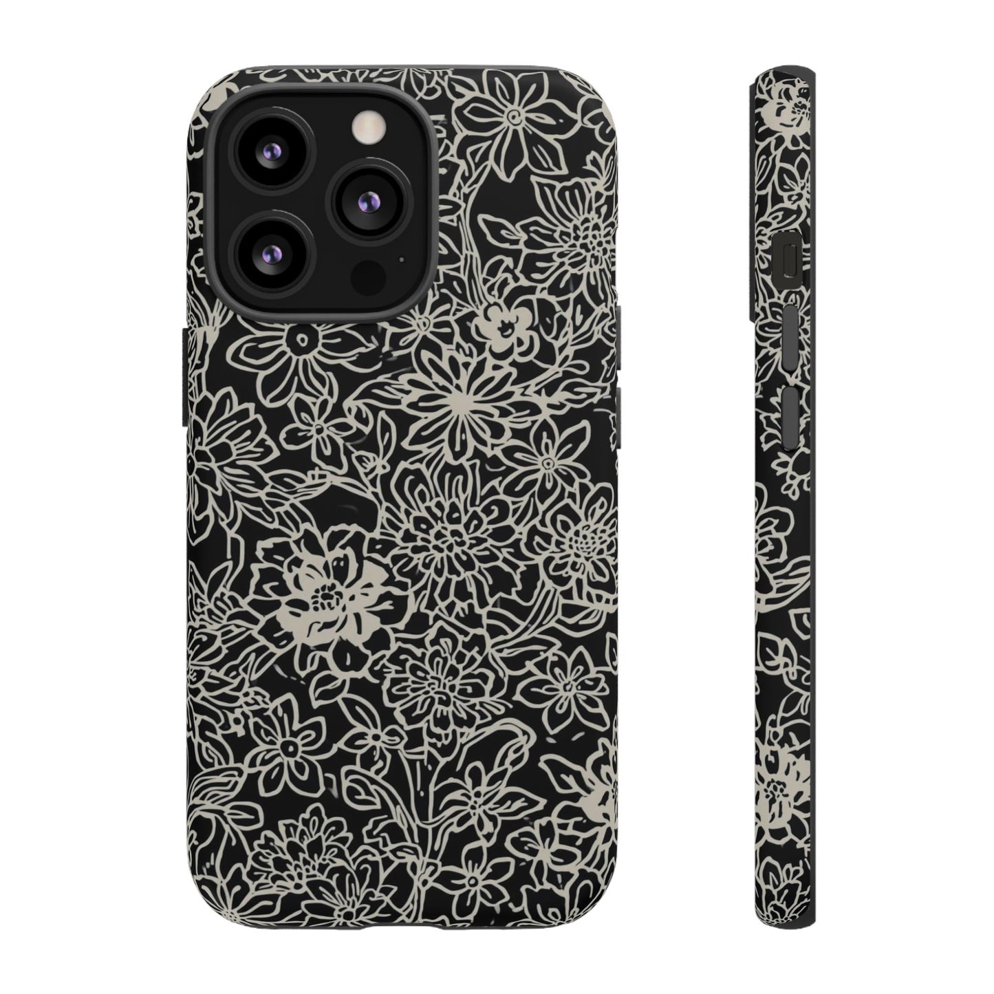 Floral Doodle Tough Phone Case — Black & White Sketch Flower Protective Cover