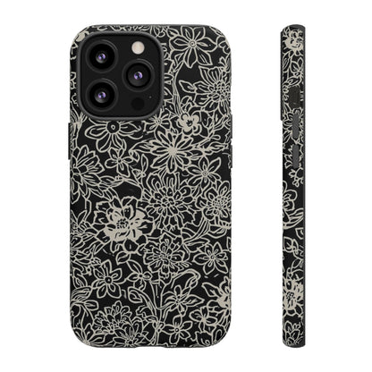 Floral Doodle Tough Phone Case — Black & White Sketch Flower Protective Cover