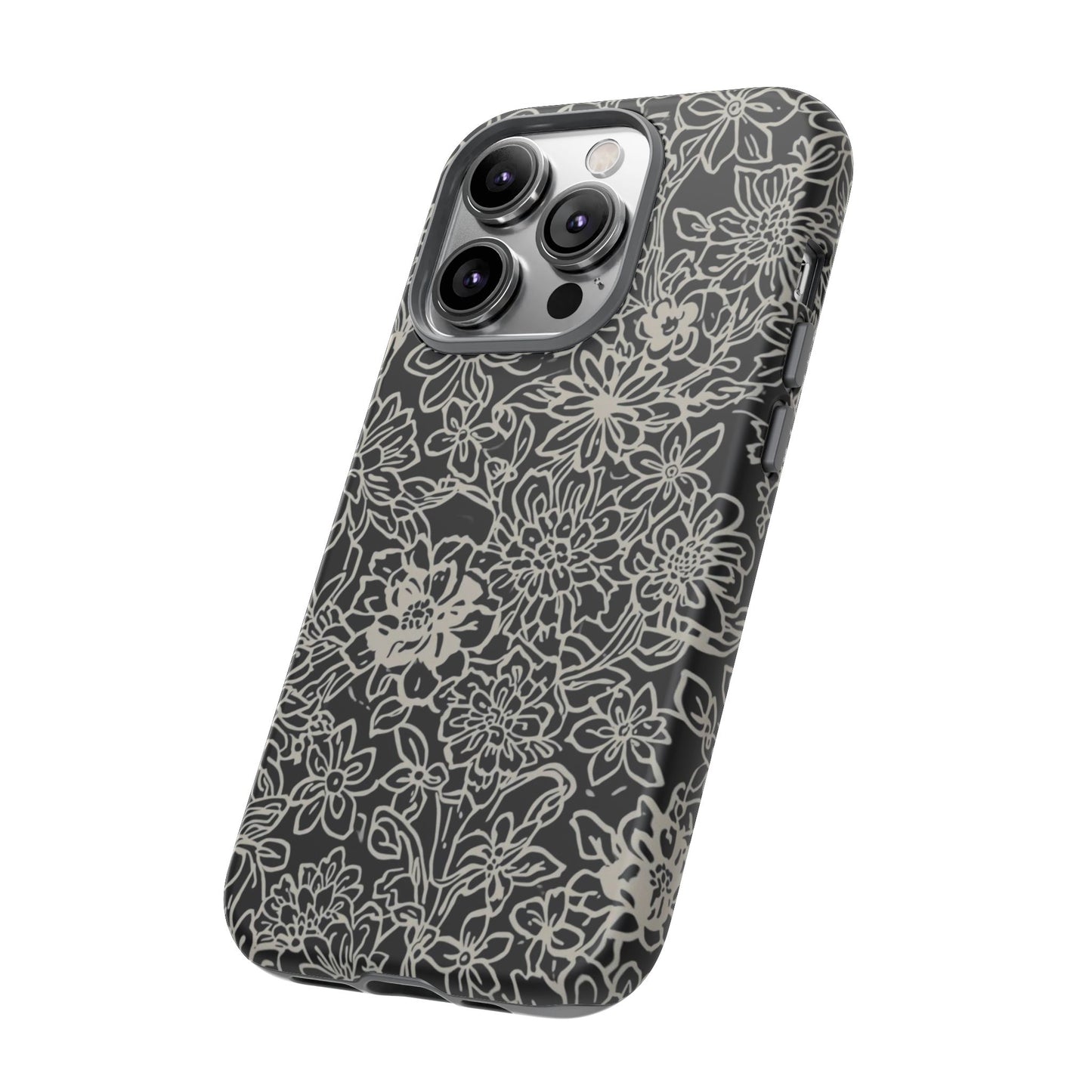Floral Doodle Tough Phone Case — Black & White Sketch Flower Protective Cover