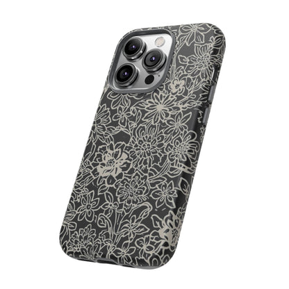 Floral Doodle Tough Phone Case — Black & White Sketch Flower Protective Cover