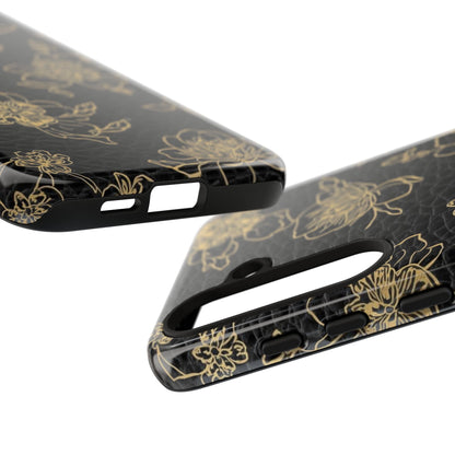 Floral Leather Phone Case — Gold Outline Flowers on Black Tough Case