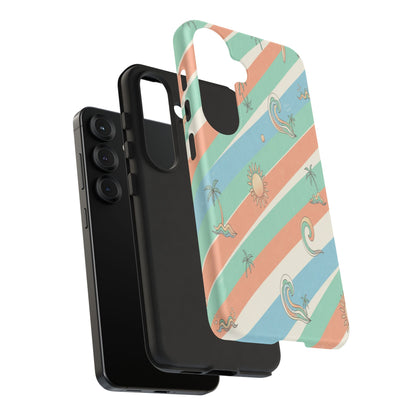 Retro Beach Stripes Phone Case — Sun, Waves & Palm Pattern Tough Case