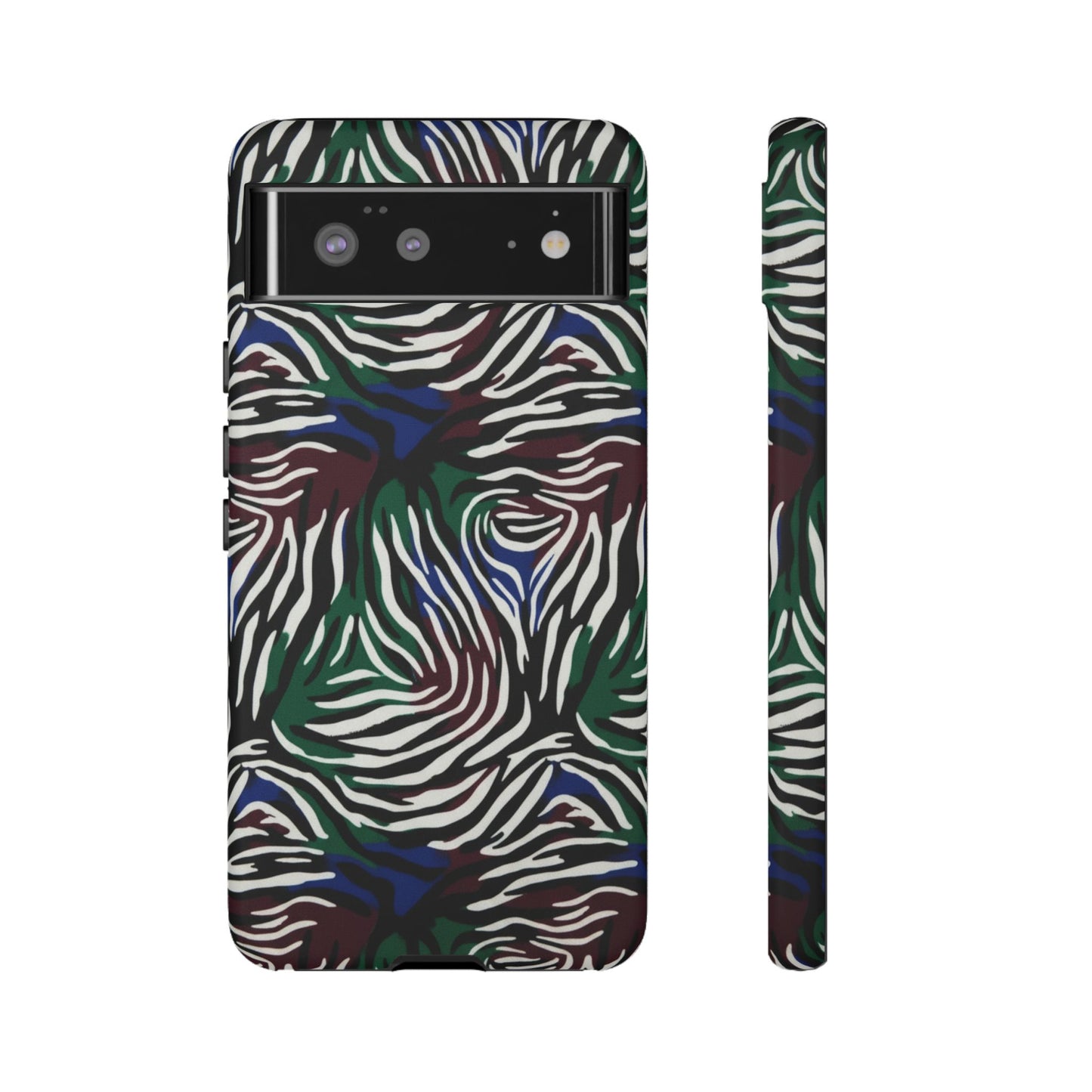 Zebra Camo Tough Phone Case – Green & Blue Animal Print Protective Cover