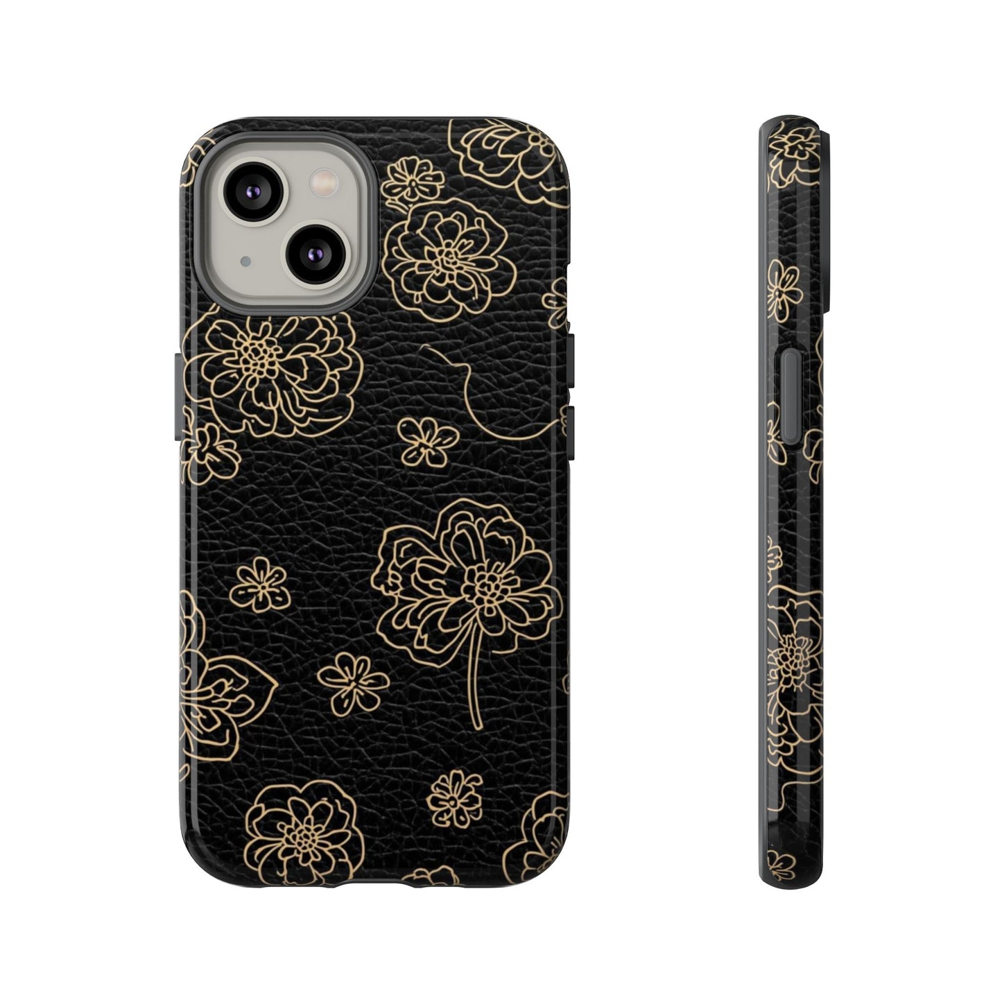 Floral Leather-Texture Tough Case – Black Gold Outline Phone Cover