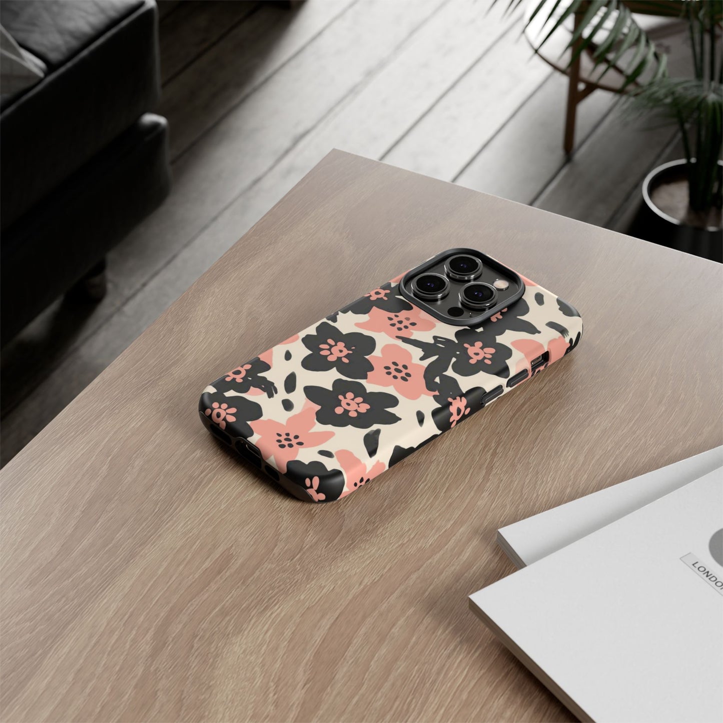 Floral Phone Case — Pink & Black Retro Blossom Protective Cover