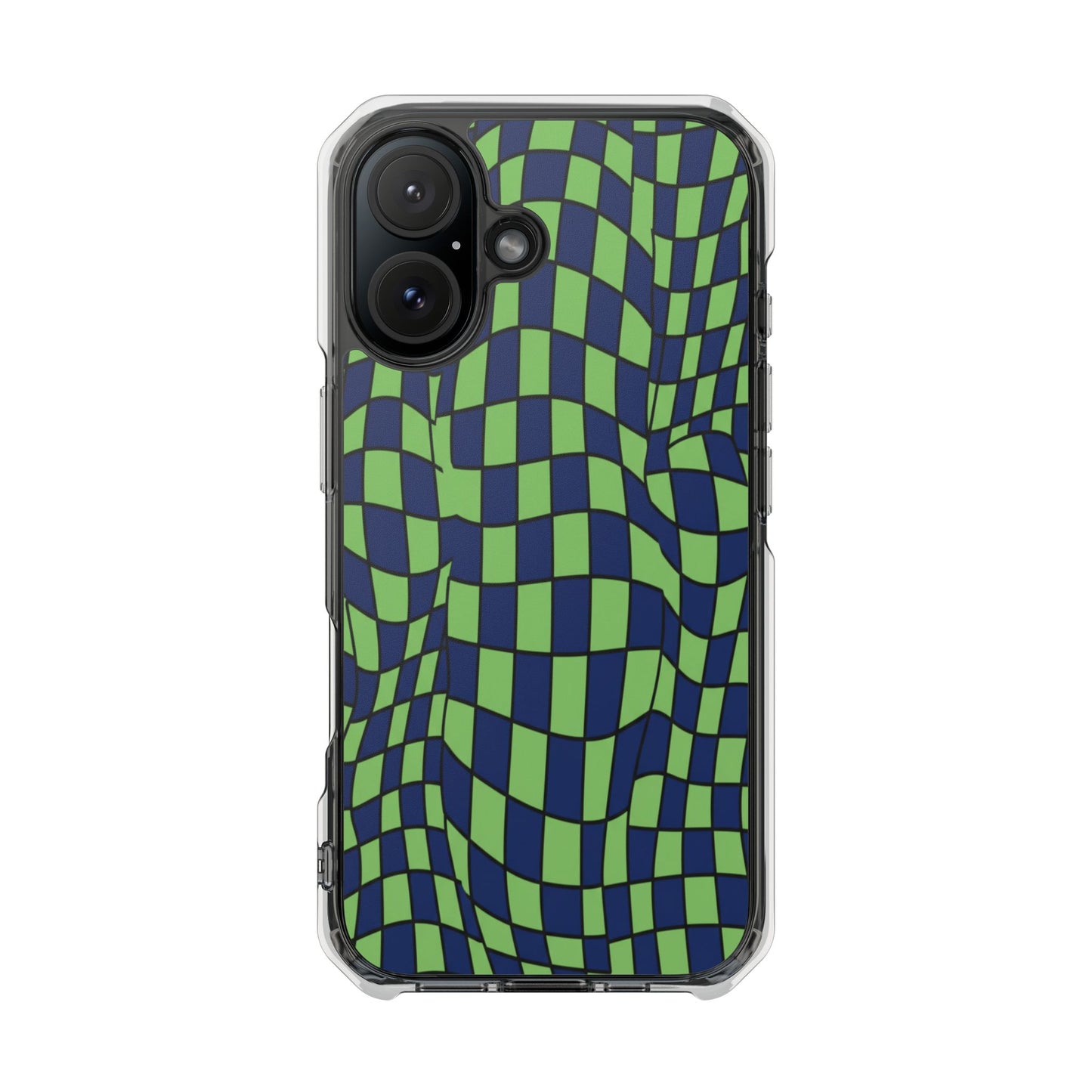 Clear Magnetic Phone Case — Green Distorted Checkerboard Design