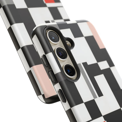 Abstract Geometric Phone Case – Black & White Checker Grid with Red Accent