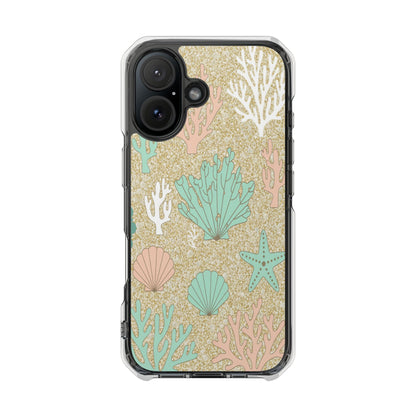 Clear Magnetic Phone Case — Pastel Seashell & Coral Beach Design