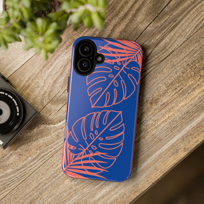 Tropical Monstera Phone Case — Blue & Coral Leaf Protective Cover