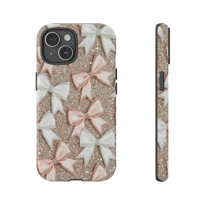 Glitter Bow Tough Phone Case — Pink & White Ribbon Protective Cover