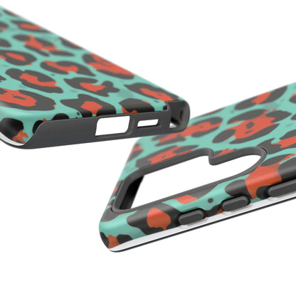 Leopard Print Tough Phone Case — Teal & Rust Protective iPhone Cover