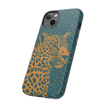 Leopard Print Tough Phone Case — Gold Panther on Teal, Protective iPhone Cover