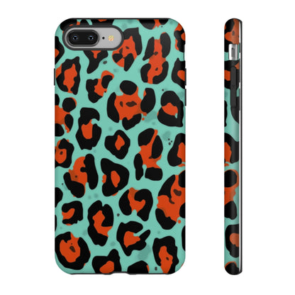 Leopard Print Tough Phone Case — Teal & Rust Protective iPhone Cover