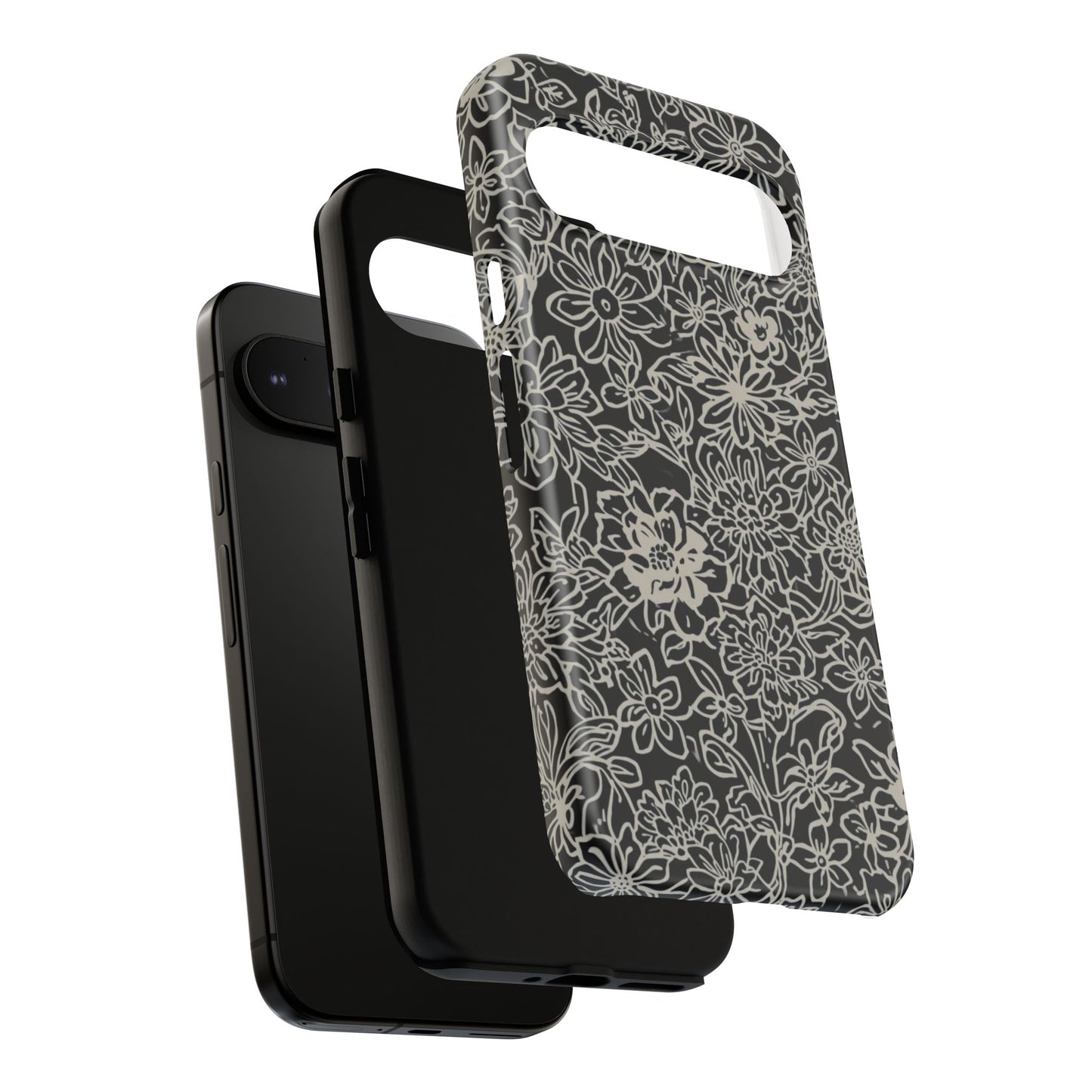 Floral Doodle Tough Phone Case — Black & White Sketch Flower Protective Cover