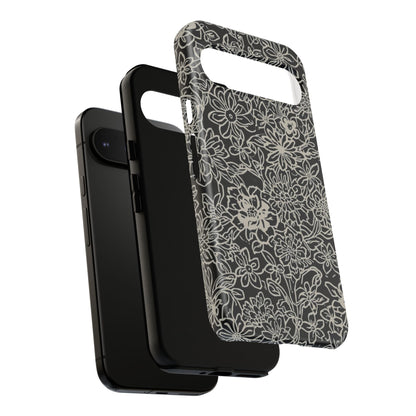 Floral Doodle Tough Phone Case — Black & White Sketch Flower Protective Cover