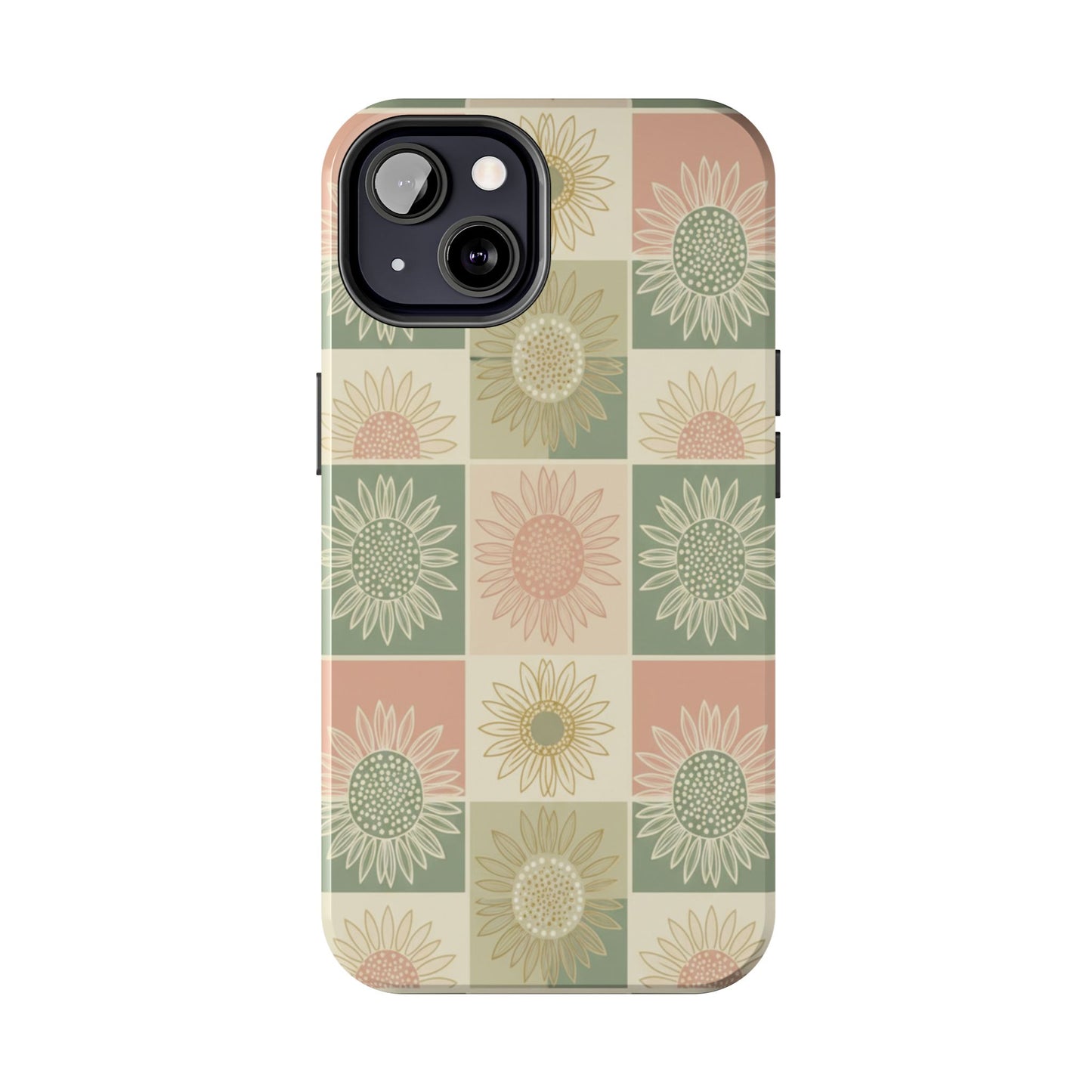 Sunflower Check iPhone Tough Phone Case — Retro Pastel Floral Protective Cover