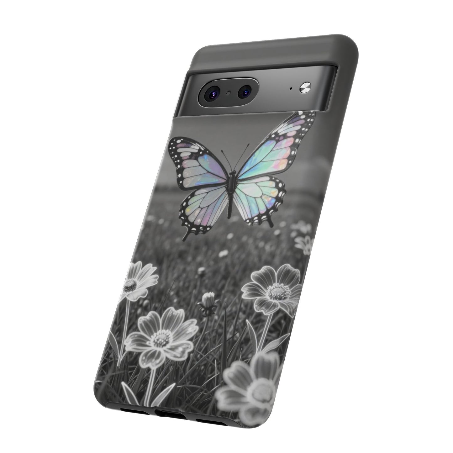 Butterfly Field Tough Phone Case — Pastel Holographic Butterfly on Black & White Floral Background