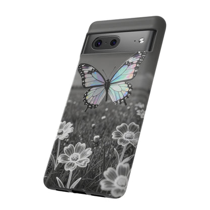 Butterfly Field Tough Phone Case — Pastel Holographic Butterfly on Black & White Floral Background