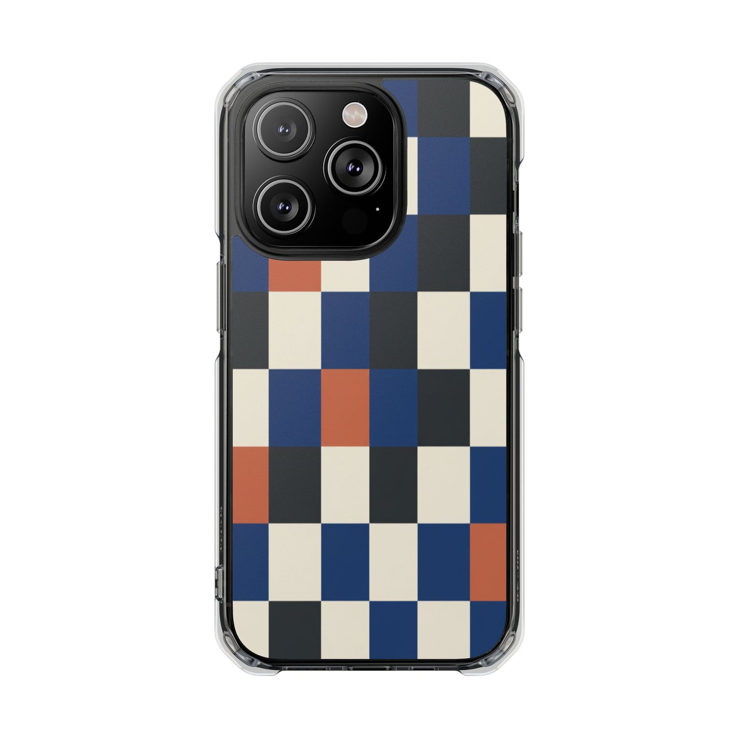 Clear Magnetic Phone Case — Retro Checkerboard Pattern (Blue, Black & Rust)