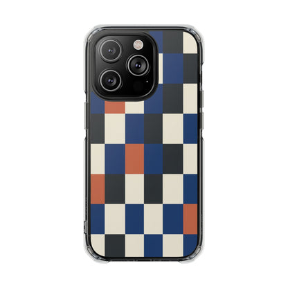 Clear Magnetic Phone Case — Retro Checkerboard Pattern (Blue, Black & Rust)