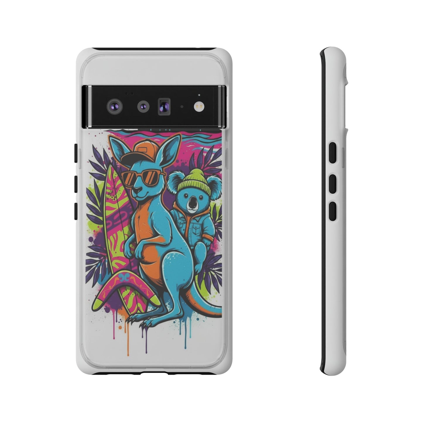 Kangaroo & Koala Surf Phone Case — Retro Neon Beach Art Tough Case