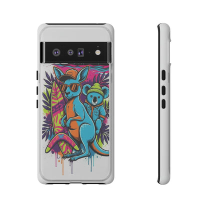 Kangaroo & Koala Surf Phone Case — Retro Neon Beach Art Tough Case