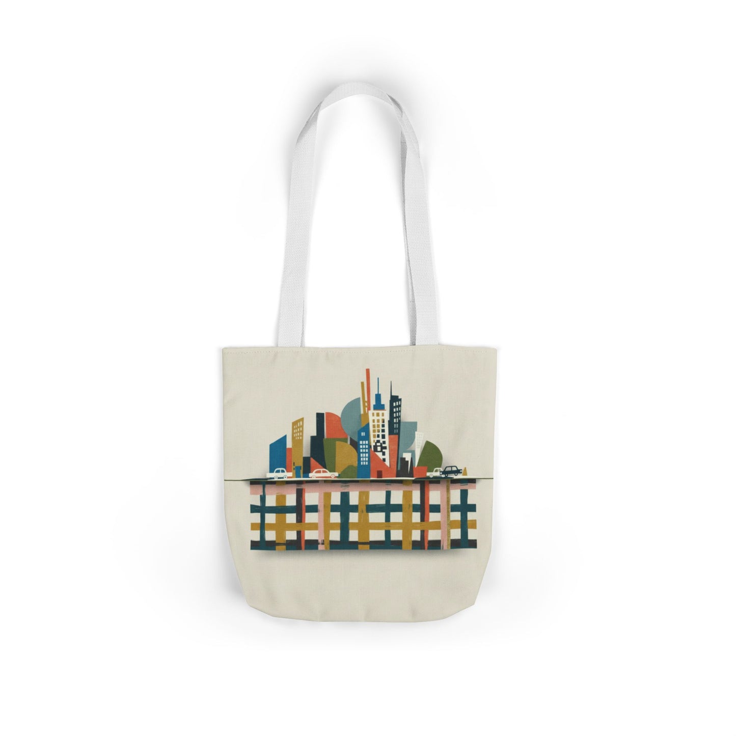 City Skyline Canvas Tote Bag — Colorful Urban Illustration with 5-Color Straps