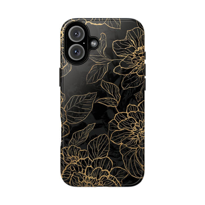 Floral Gold Outline Tough Phone Case – Black Botanical Protective Cover