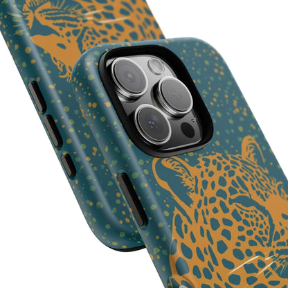 Leopard Print Tough Phone Case — Gold Panther on Teal, Protective iPhone Cover