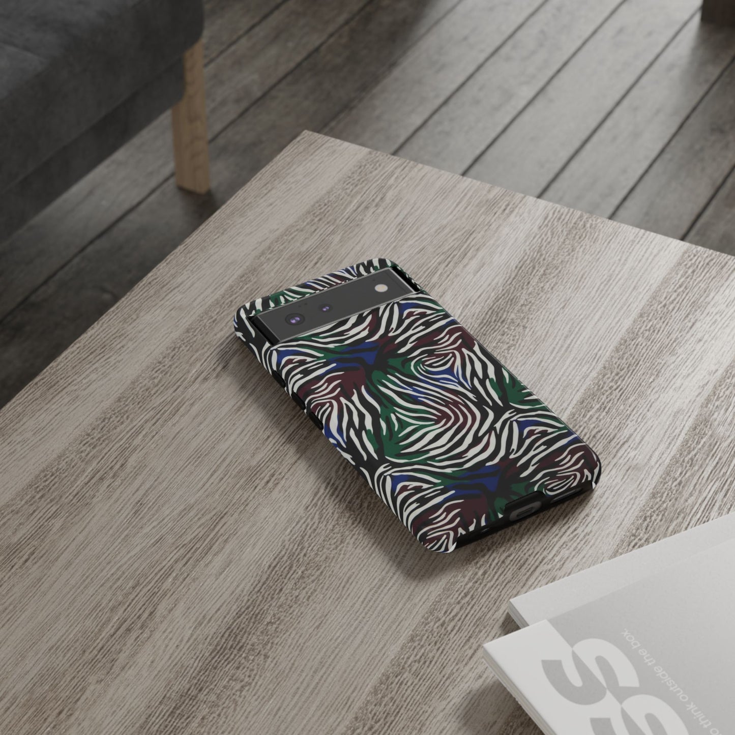 Zebra Camo Tough Phone Case – Green & Blue Animal Print Protective Cover