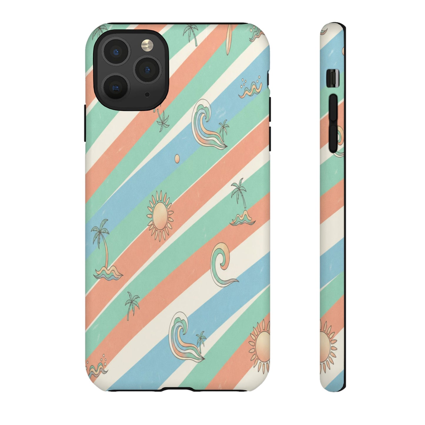 Retro Beach Stripes Phone Case — Sun, Waves & Palm Pattern Tough Case