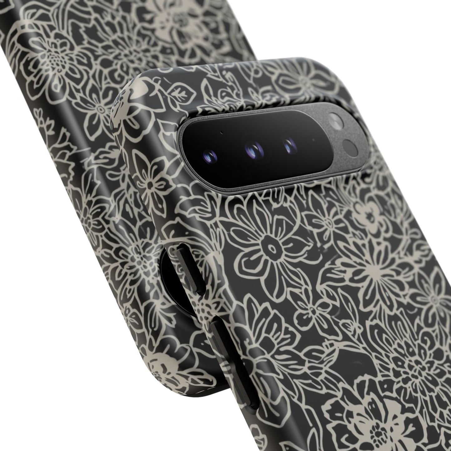 Floral Doodle Tough Phone Case — Black & White Sketch Flower Protective Cover