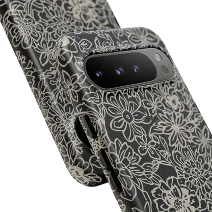 Floral Doodle Tough Phone Case — Black & White Sketch Flower Protective Cover