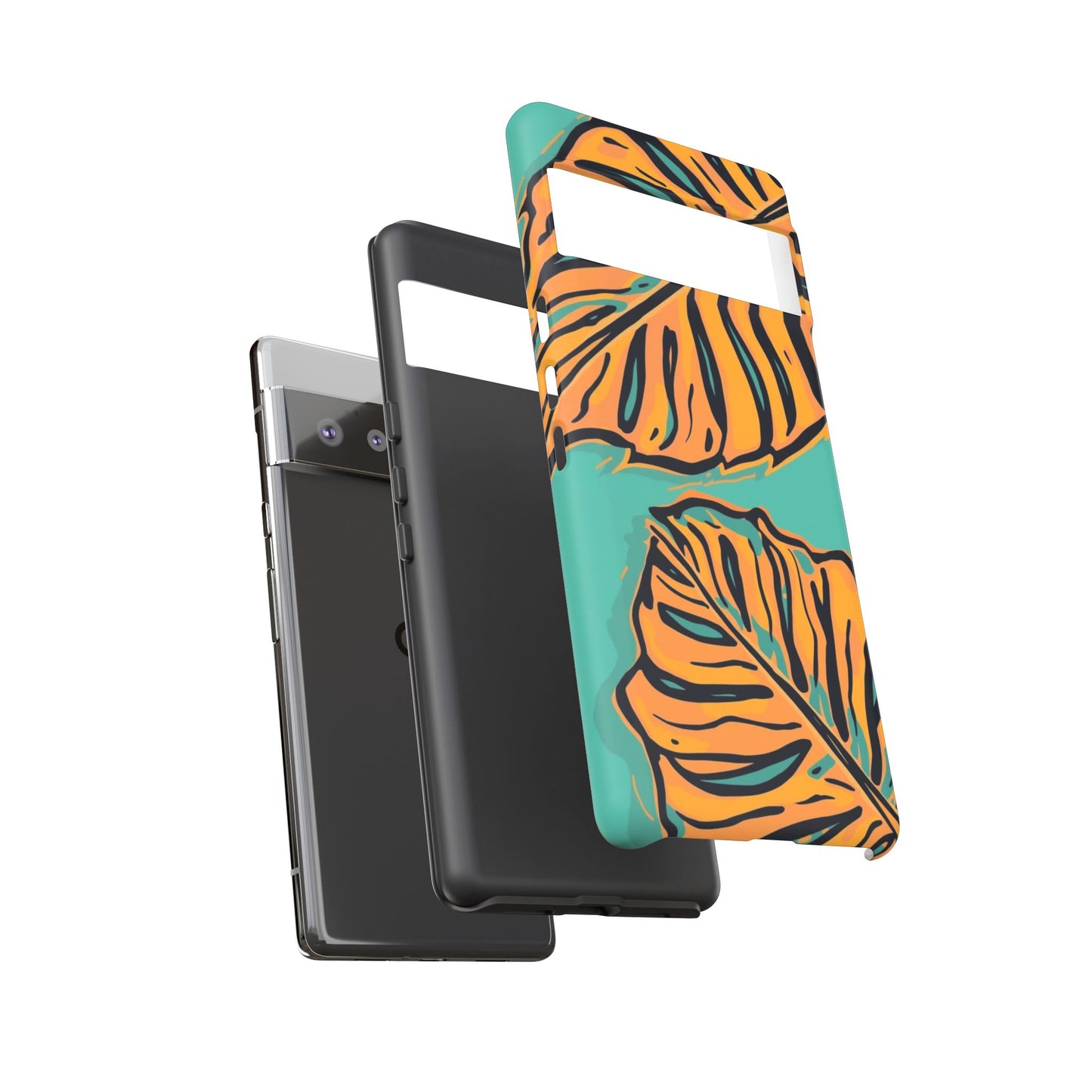 Tropical Leaf Tough Phone Case — Orange Monstera Design on Teal