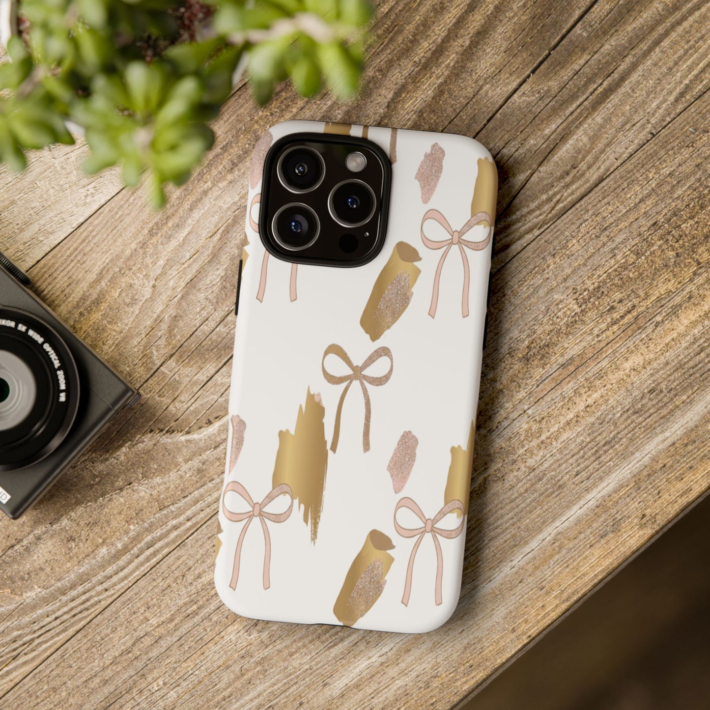 Phone Case — Gold Brushstroke & Blush Bow Pattern