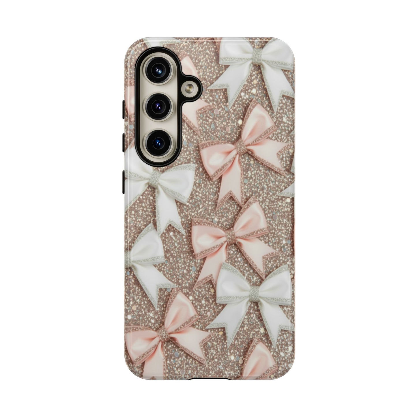 Glitter Bow Tough Phone Case — Pink & White Ribbon Protective Cover