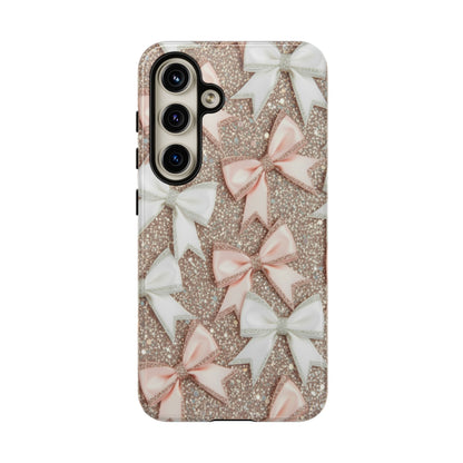Glitter Bow Tough Phone Case — Pink & White Ribbon Protective Cover