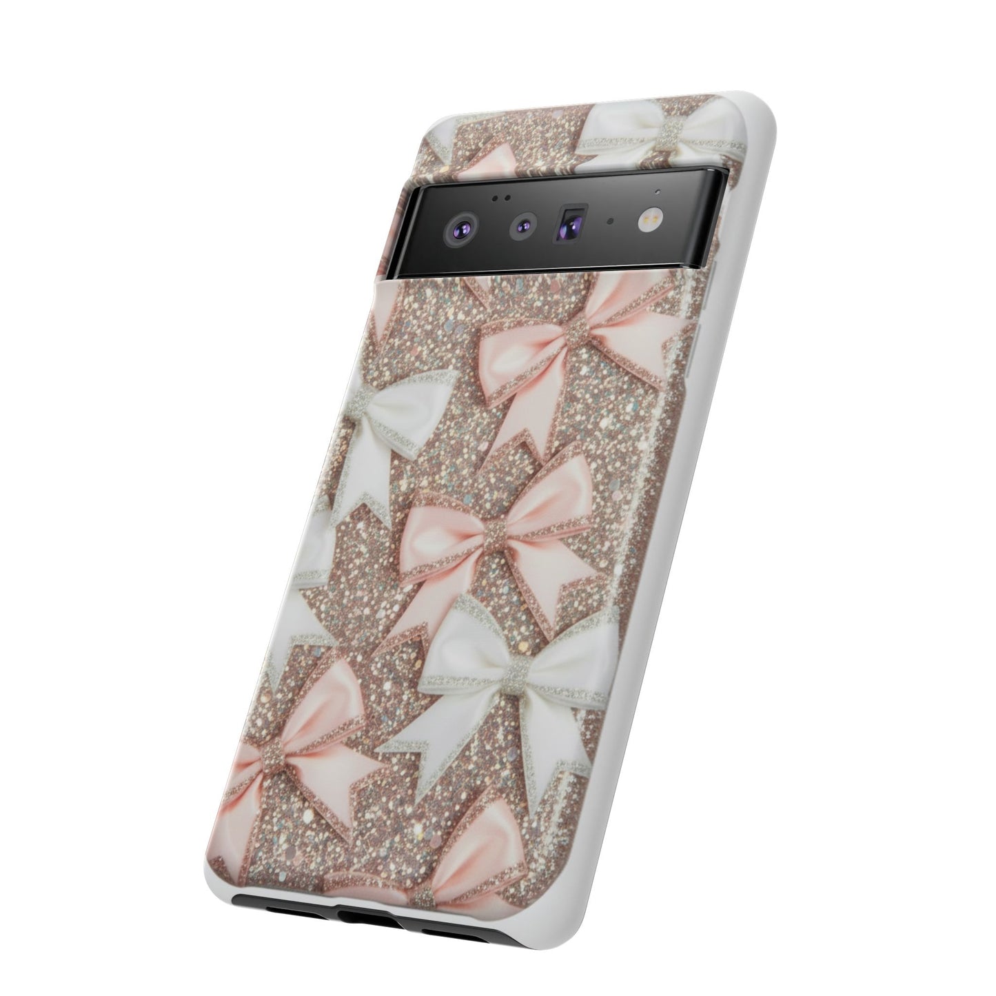 Glitter Bow Tough Phone Case — Pink & White Ribbon Protective Cover