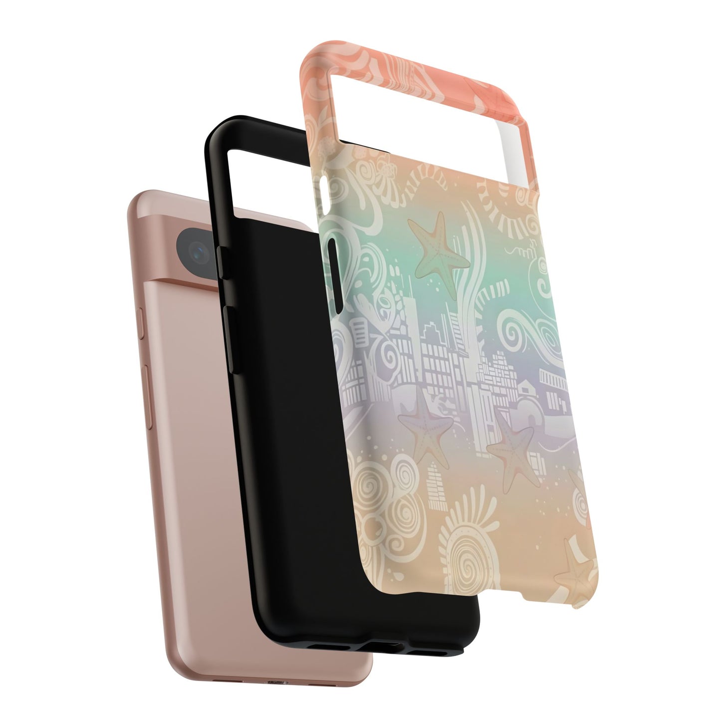 Tough Cases: Pastel Beach Pattern Phone Case — Starfish & Coastal Cityscape Protective Cover