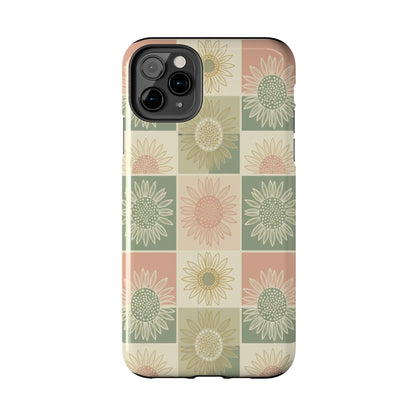 Sunflower Check iPhone Tough Phone Case — Retro Pastel Floral Protective Cover