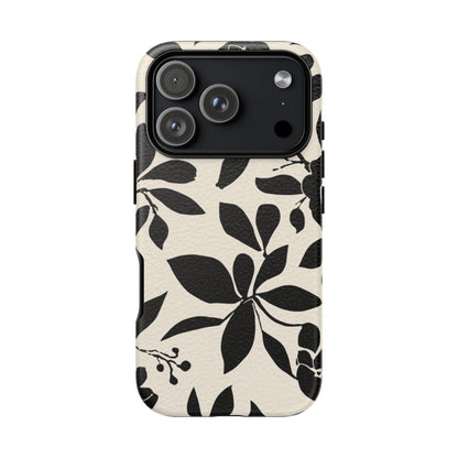 Black Floral Pattern Phone Case — Monochrome Botanical Tough Case