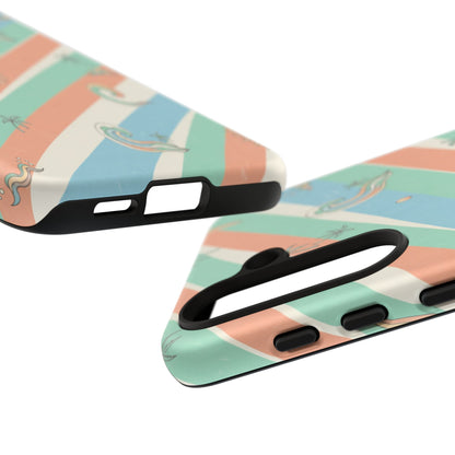 Retro Beach Stripes Phone Case — Sun, Waves & Palm Pattern Tough Case