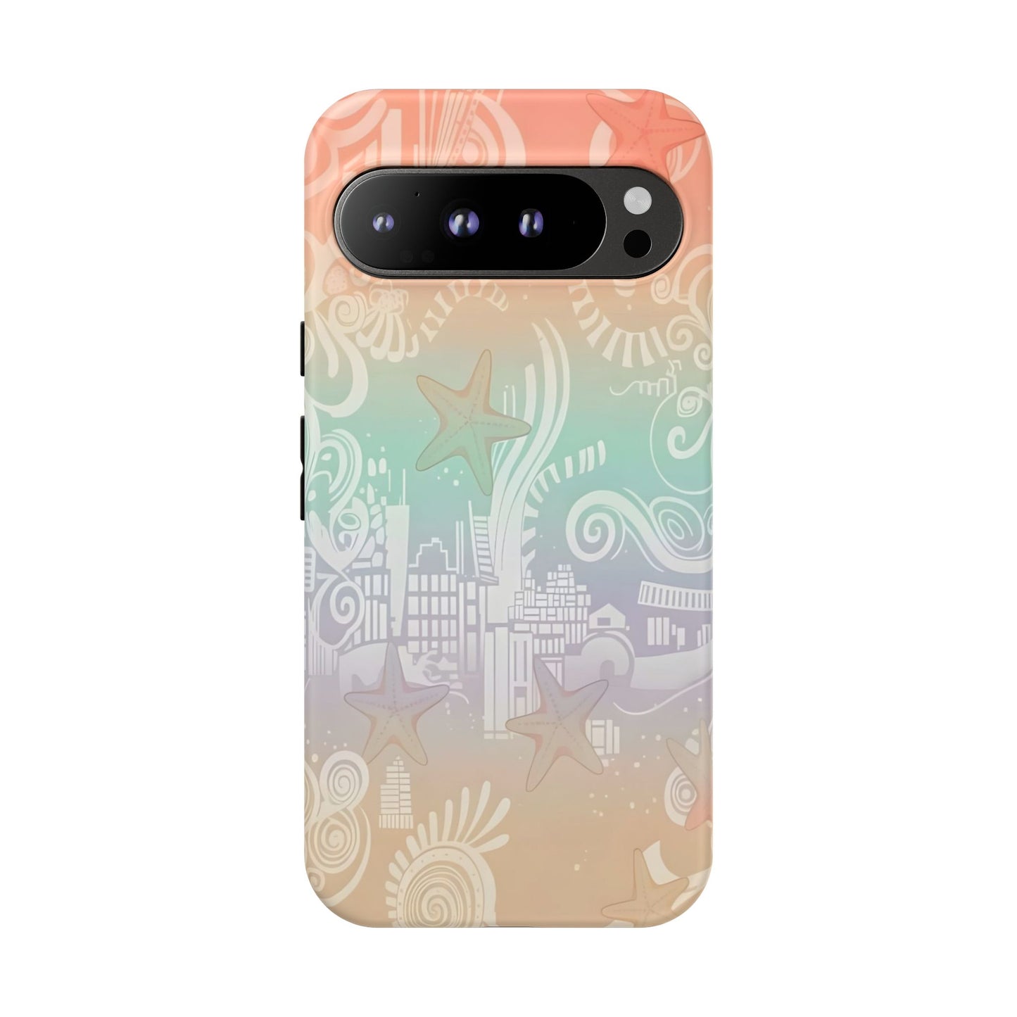 Tough Cases: Pastel Beach Pattern Phone Case — Starfish & Coastal Cityscape Protective Cover