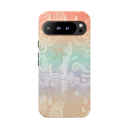 Tough Cases: Pastel Beach Pattern Phone Case — Starfish & Coastal Cityscape Protective Cover