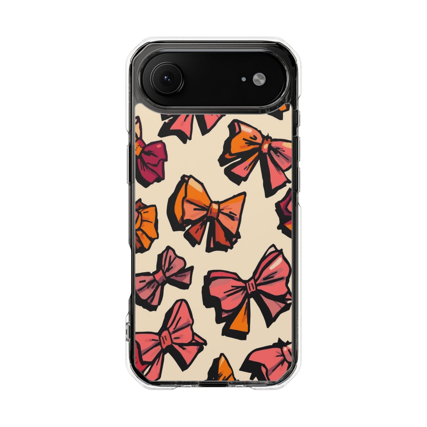 Clear Magnetic Phone Case — Hand-Drawn Pink & Orange Bows Design