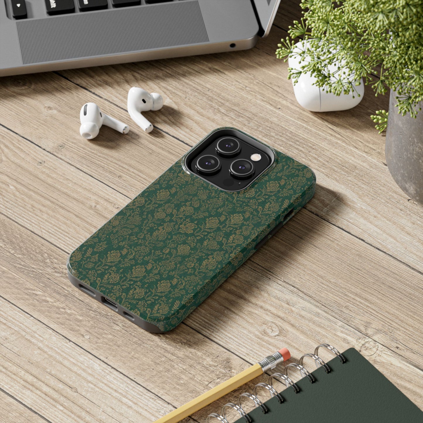 Vintage Floral Tough Phone Case — Green Damask Protective Cover