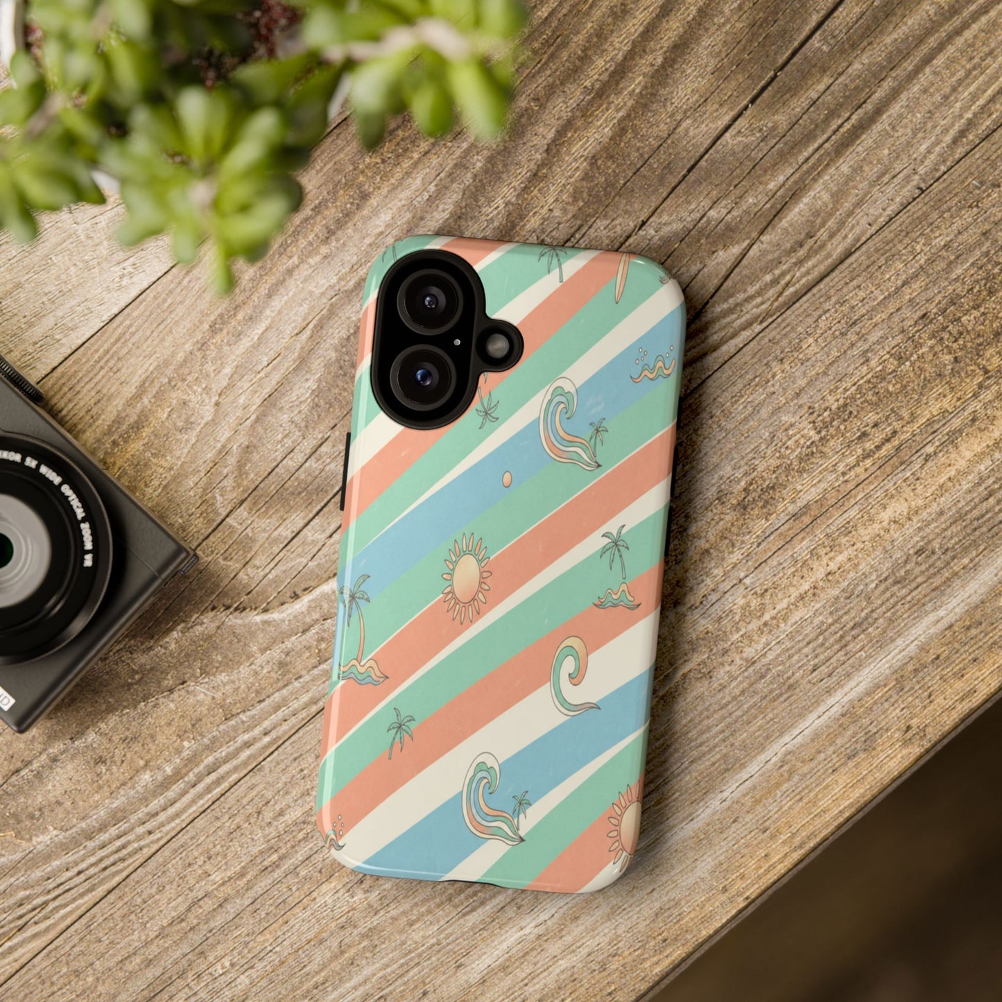 Retro Beach Stripes Phone Case — Sun, Waves & Palm Pattern Tough Case