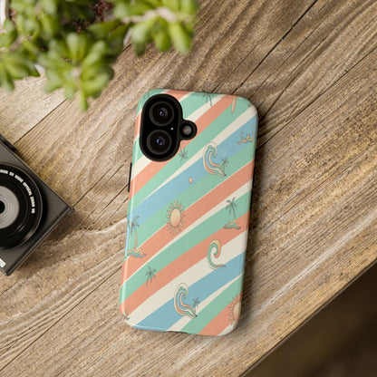 Retro Beach Stripes Phone Case — Sun, Waves & Palm Pattern Tough Case